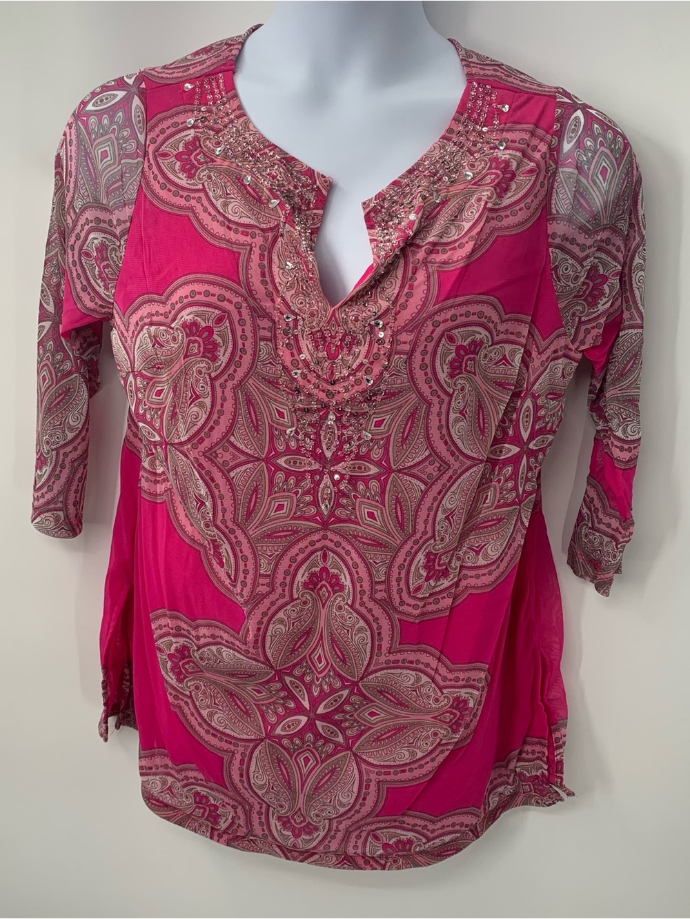 INC Women’s Pink Paisley Embellished V-Neck Tunic Top Plus Size 12W-14W